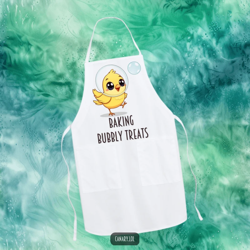 Funny canary bird apron, joyful eyes, chasing a floating soap bubble, adds cheer to cooking.