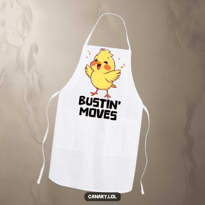 Funny cheerful canary bird apron, enthusiastically bopping its head to a musical beat. A humorous and practical kitchen accessory.