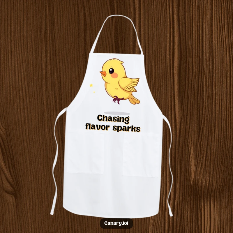 Funny Apron with a playful canary bird chasing a sparkling dust mote, perfect for cooking with joy.