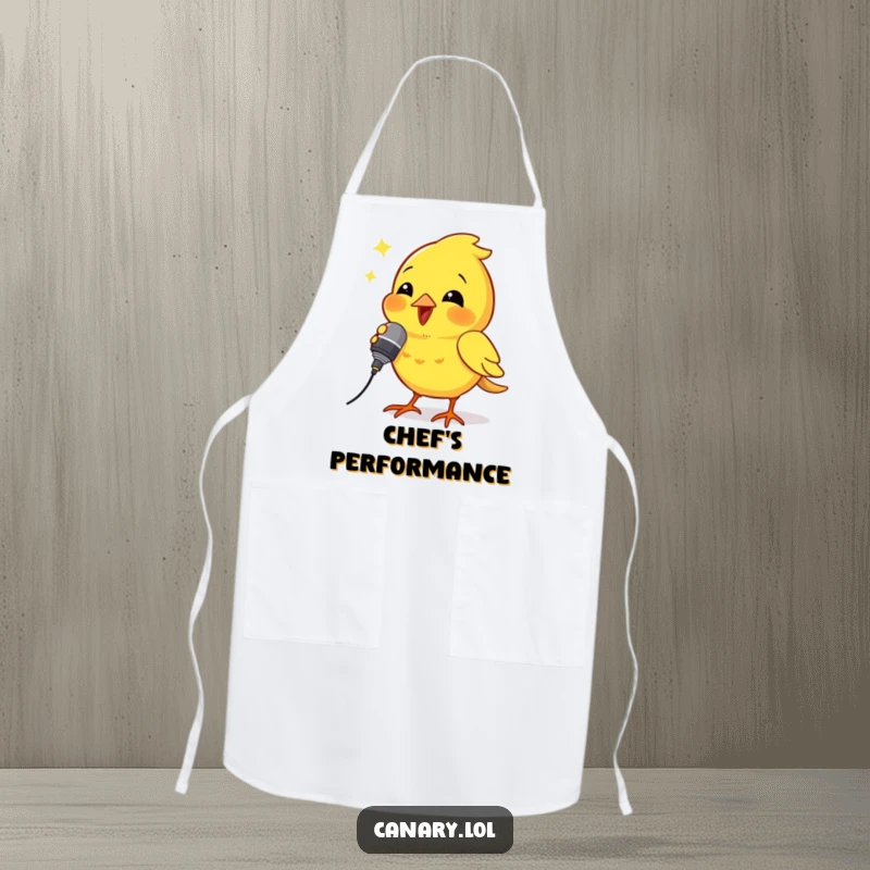 Funny apron showing a canary bird holding a tiny microphone and singing powerfully, perfect for humorous kitchen performances.