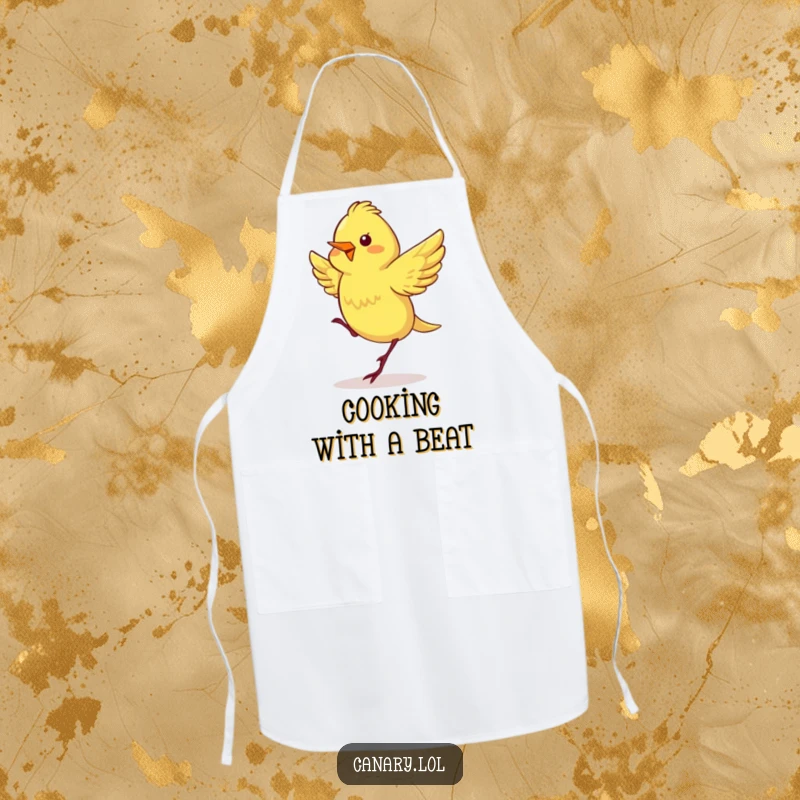 Funny apron featuring a canary with rapidly fluttering wings, enthusiastically doing a happy dance, perfect for a joyful cooking experience.