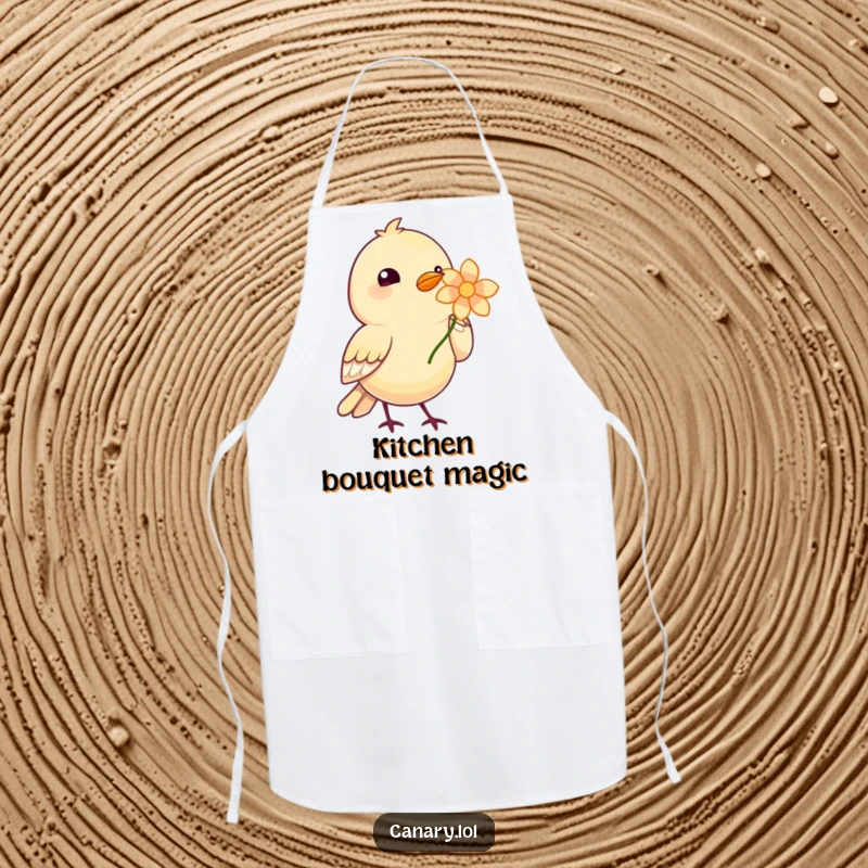 Funny Bird Garden Apron showing a cute bird offering a bright flower, adding a touch of nature to cooking.