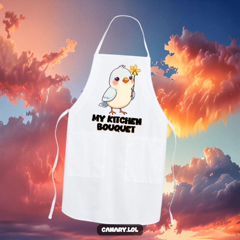 Funny Bird Apron: A cute bird holding a flower in its beak, designed for kitchen fun and adding a sweet touch.