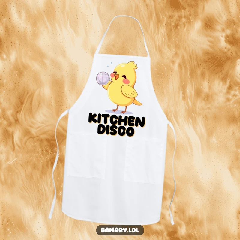 Funny canary bird, small and round, joyfully spinning a shiny disco ball, depicted on a humorous apron.