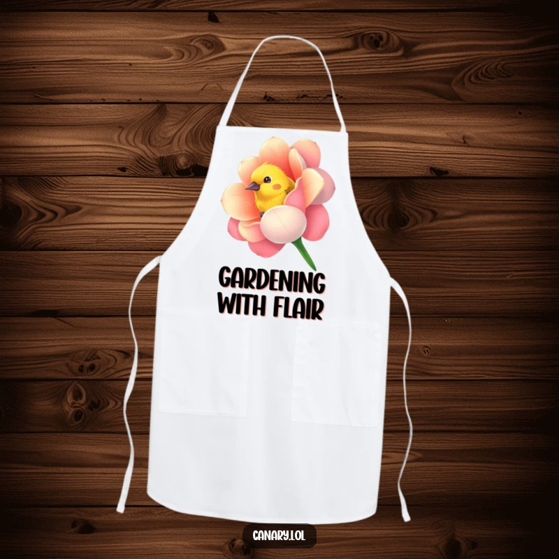 Funny apron featuring a curious canary bird peeking from a vibrantly colored flower, perfect for a fun and protected kitchen.