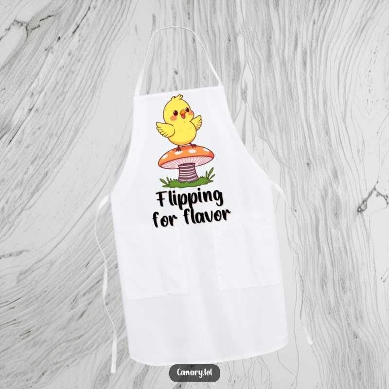 Funny Canary Garden Apron showing a happy canary bouncing on a colorful mushroom, bringing kitchen cheer.