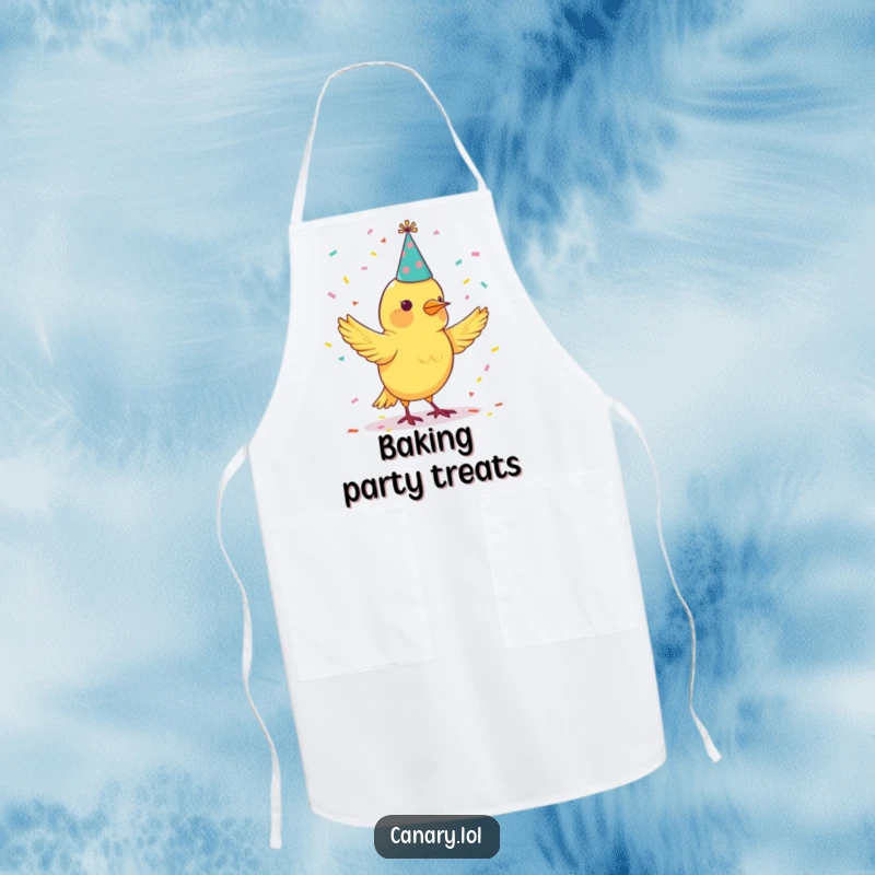 Funny apron with a canary bird wearing a party hat and juggling confetti, ideal for festive cooking.