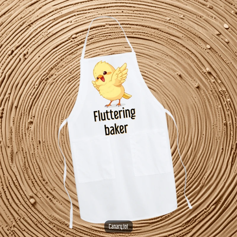 Funny Apron showing a fluffy canary bird, wings fluttering playfully in excitement, ideal for a cheerful cooking experience.