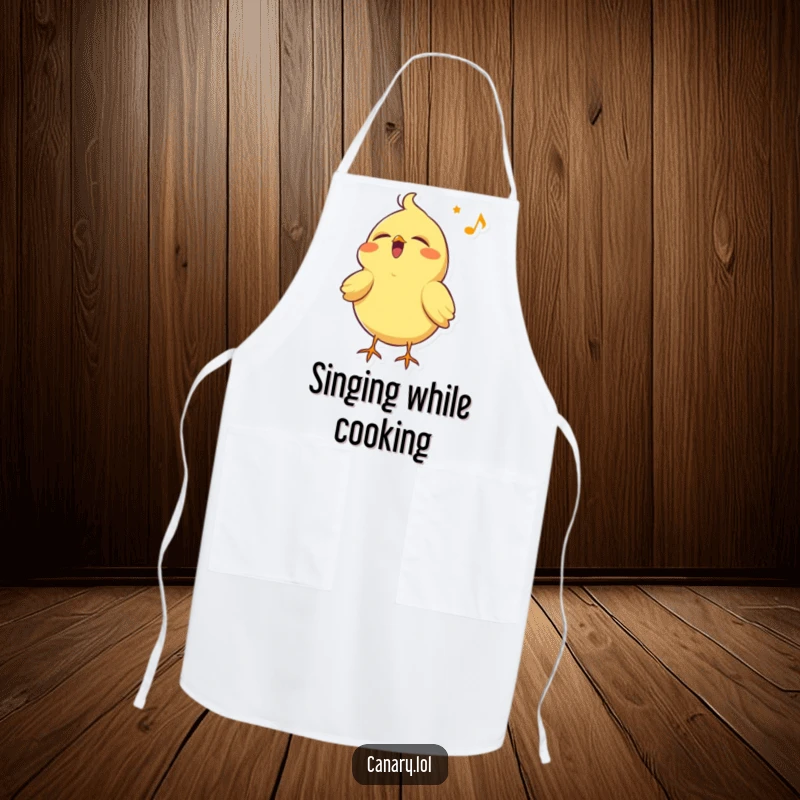 Funny canary bird apron, singing joyfully with eyes closed and head tilted back, making kitchen tasks more fun.