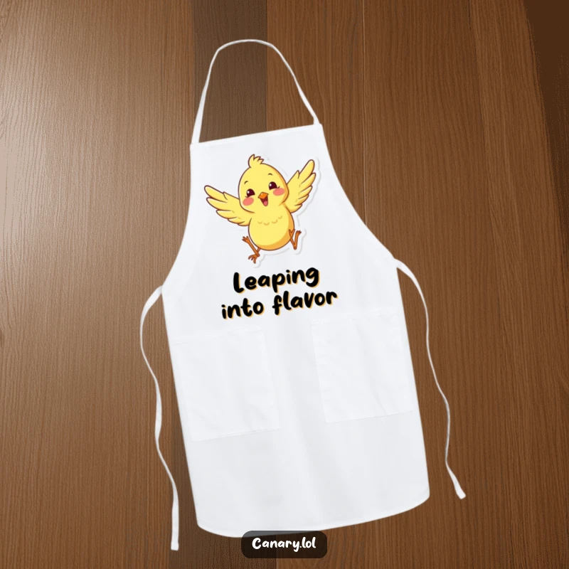 Funny happy canary leaping apron, showing a bird with wings spread in mid-leap, perfect for humorous and energetic kitchen activities.