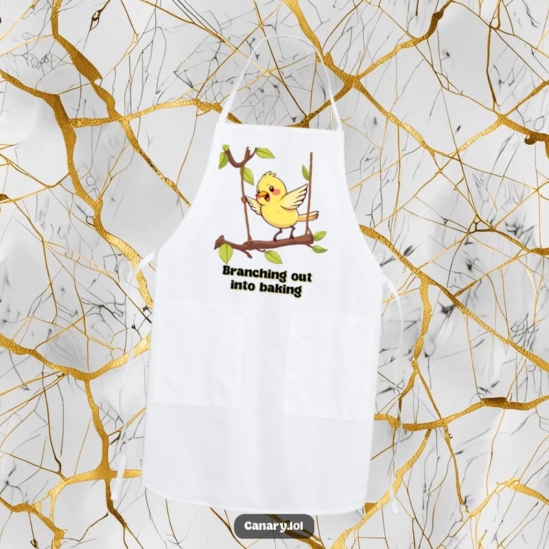 Funny Kawaii Canary Apron featuring a cute bird energetically hopping on a swinging branch, adding whimsical charm to kitchen activities.