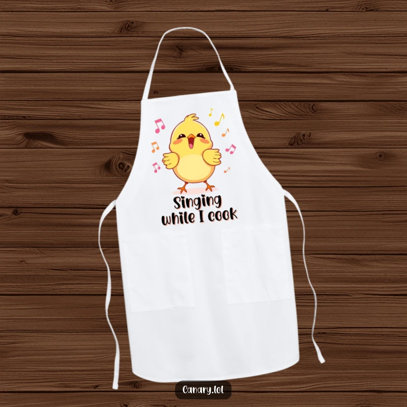 Funny kawaii canary apron showing a bird singing joyfully with musical notes, a humorous and practical cooking accessory.