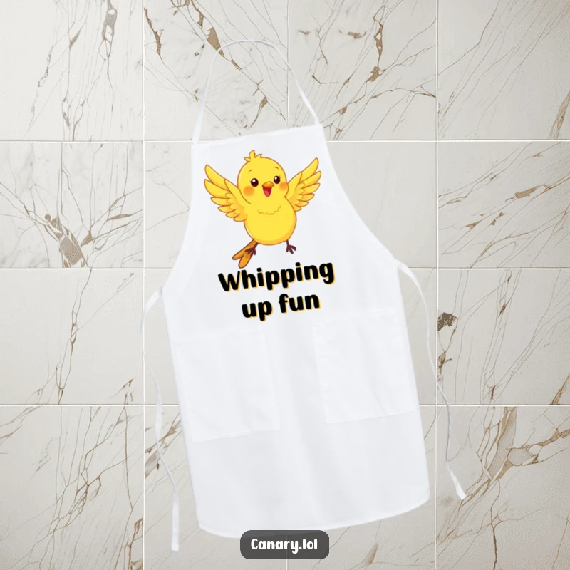 Funny kawaii canary bird apron, wings fluttering with playful energy, a humorous and practical kitchen accessory.