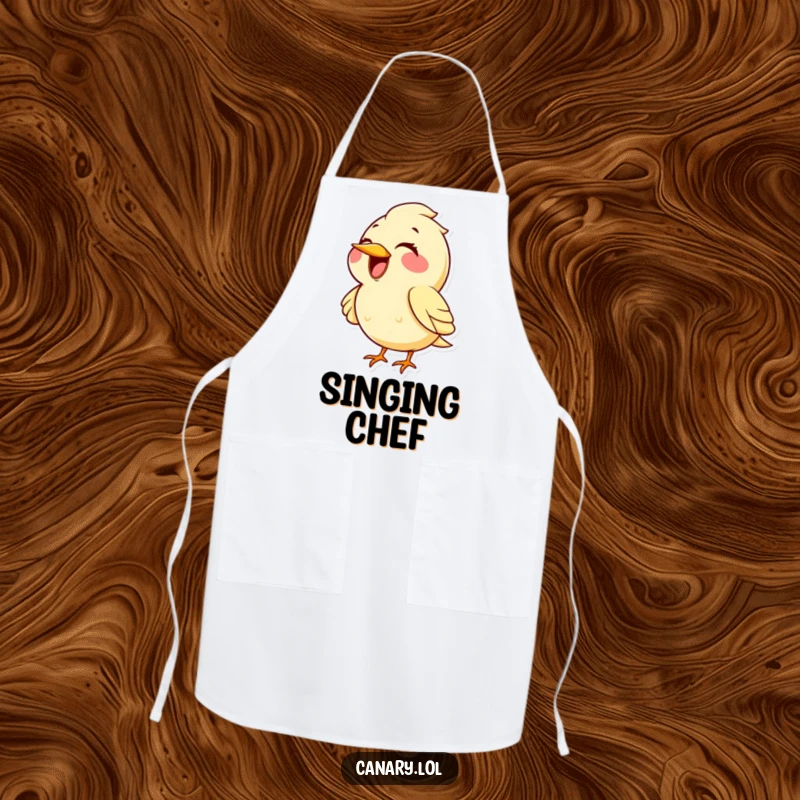Funny kawaii canary bird apron, big smile, hitting a high operatic note. A delightful and humorous kitchen accessory for music lovers.