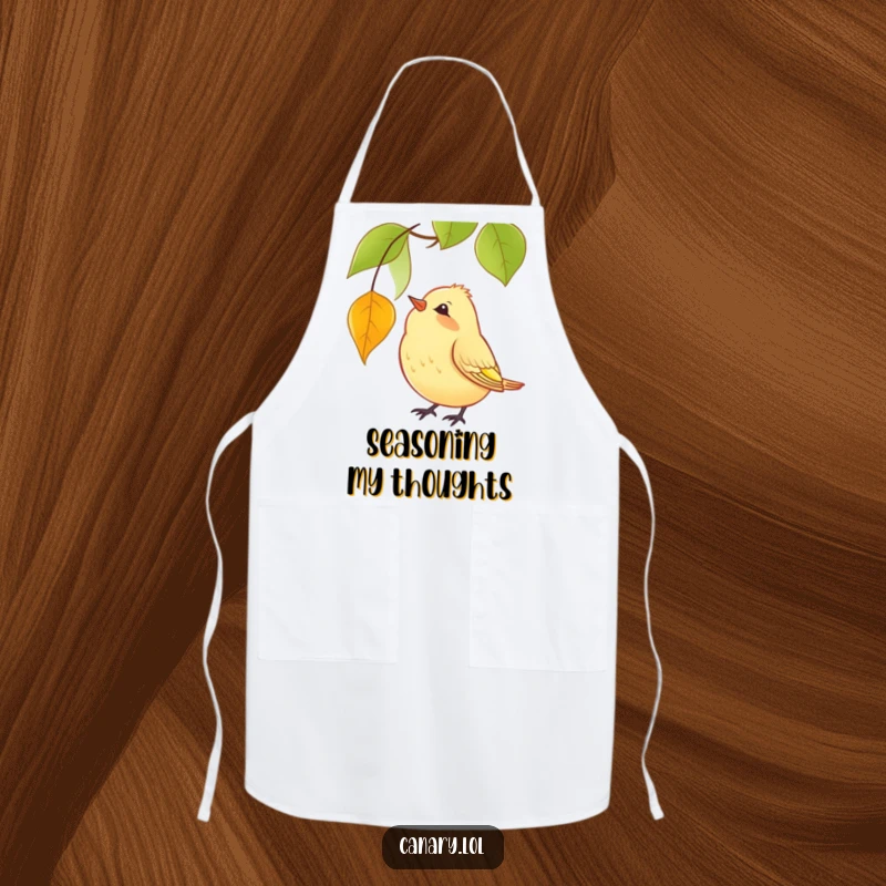 Funny Apron print of a yellow canary tilting its head curiously while watching a red leaf fall, ideal for kitchen humor.