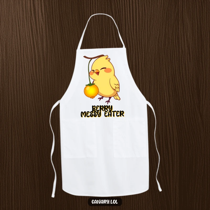 Funny canary bird apron, mischievous grin, pecking a glowing berry, adds humor to cooking.