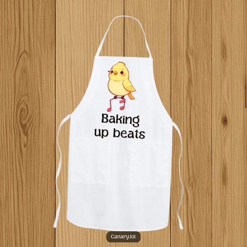 Funny canary apron featuring a pleased yellow bird perched on a musical note, ready to cook up a storm.