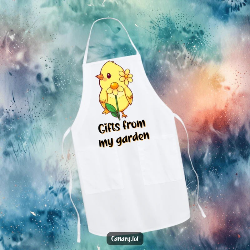 Funny apron featuring a shy canary with a soft smile, offering a single, perfect flower, adding sweetness to kitchen tasks.