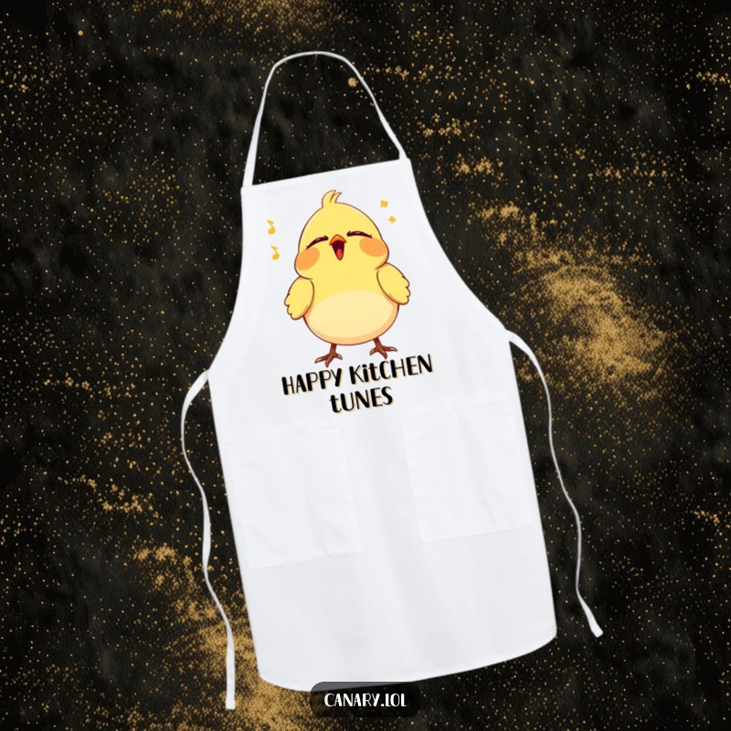 Funny Canary Apron: Kitchen wear featuring a tiny bird vibrating happily with eyes closed, singing a contented song while cooking.