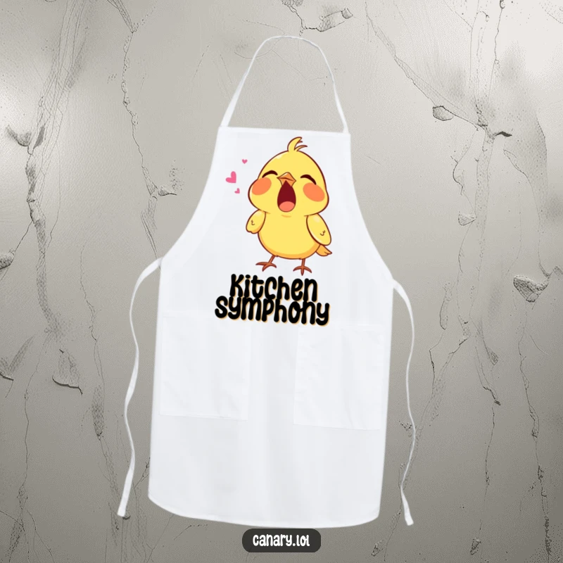 Funny apron depicting a tiny canary singing with its mouth wide open, perfect for chefs who enjoy music and humor.