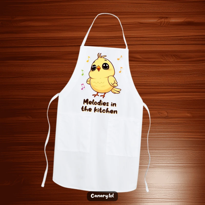 Funny apron with a tiny canary, big round eyes, singing a cheerful tune, perfect for humorous cooking.