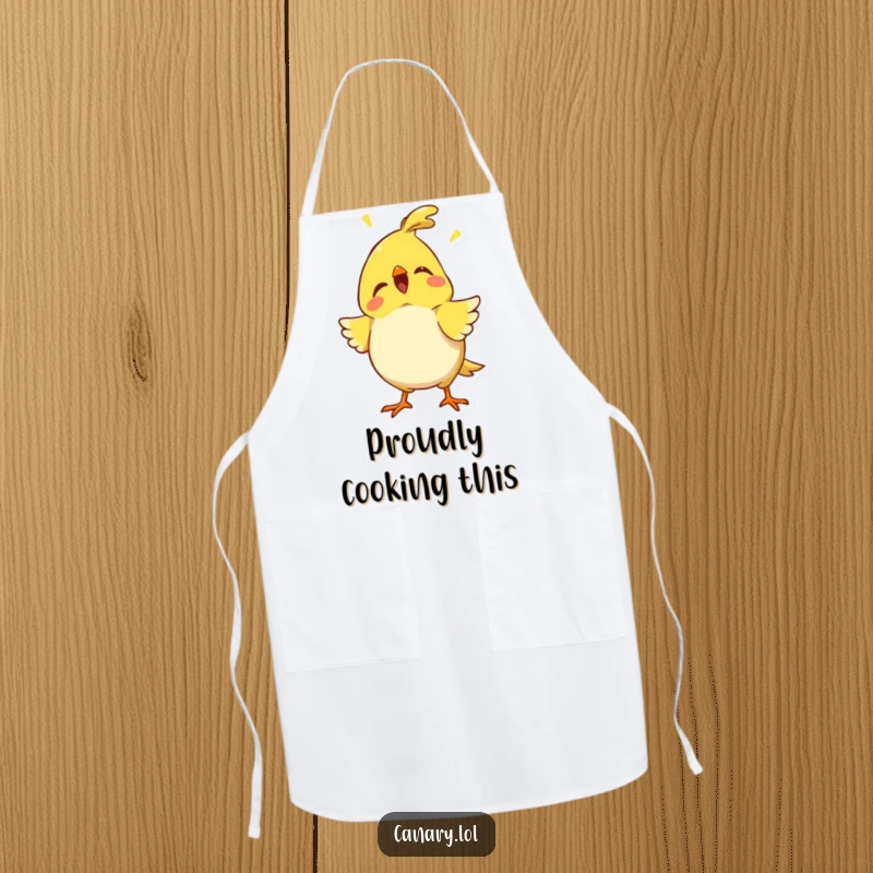 Funny proud canary apron with chest puffed out and chirping, perfect for humorous and confident kitchen activities.