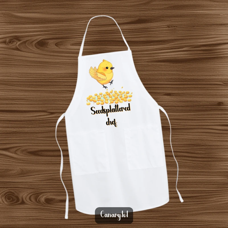 Funny Canary Bird Apron: A canary bird joyfully dives into a pool of golden seeds, bringing energetic humor to the kitchen.