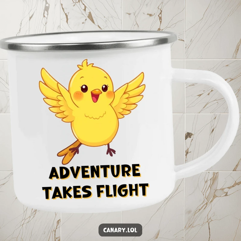 Funny kawaii canary bird camping mug, wings fluttering with playful energy, a humorous and durable outdoor mug.