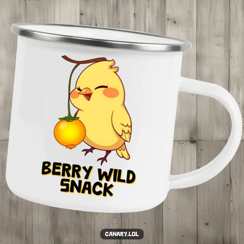 Funny canary bird camping mug, mischievous grin, pecking a glowing berry, durable for adventures.