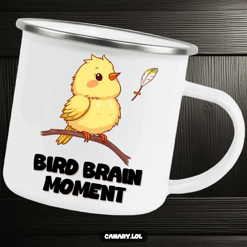 Funny canary bird camping mug, surprised bird, falling feather, enamel cup, humorous outdoor gear.