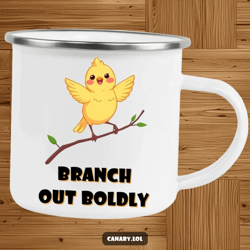 Funny canary enamel camping mug featuring a happy yellow bird dancing energetically on a thin, swaying branch.