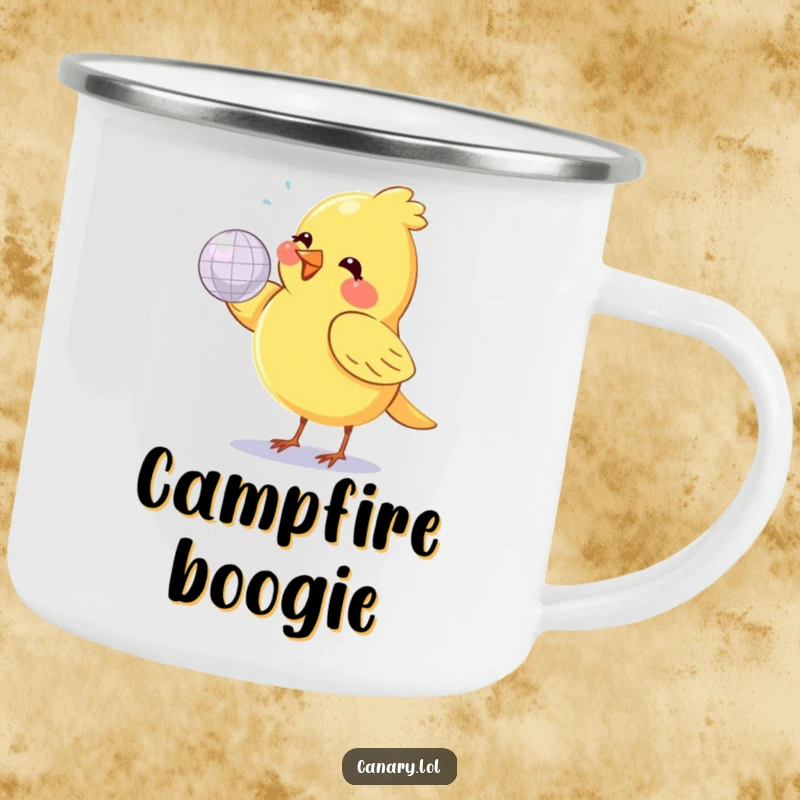 Funny canary bird, small and round, joyfully spinning a shiny disco ball, on a rugged camping mug.