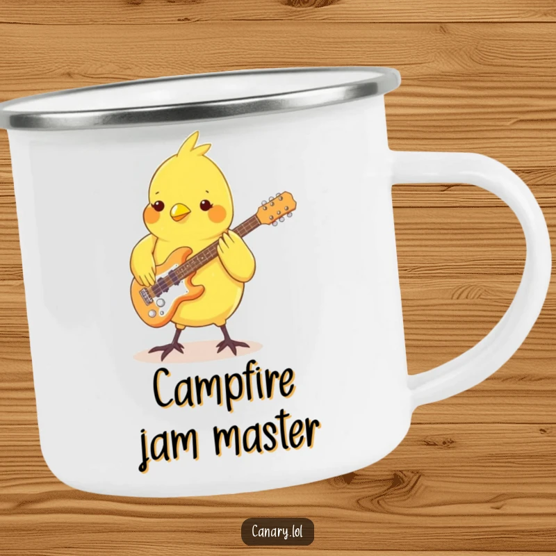 Funny Canary Camp Mug: A rugged enamel mug with a bird playing guitar with its feet, ready for the campfire and good times.