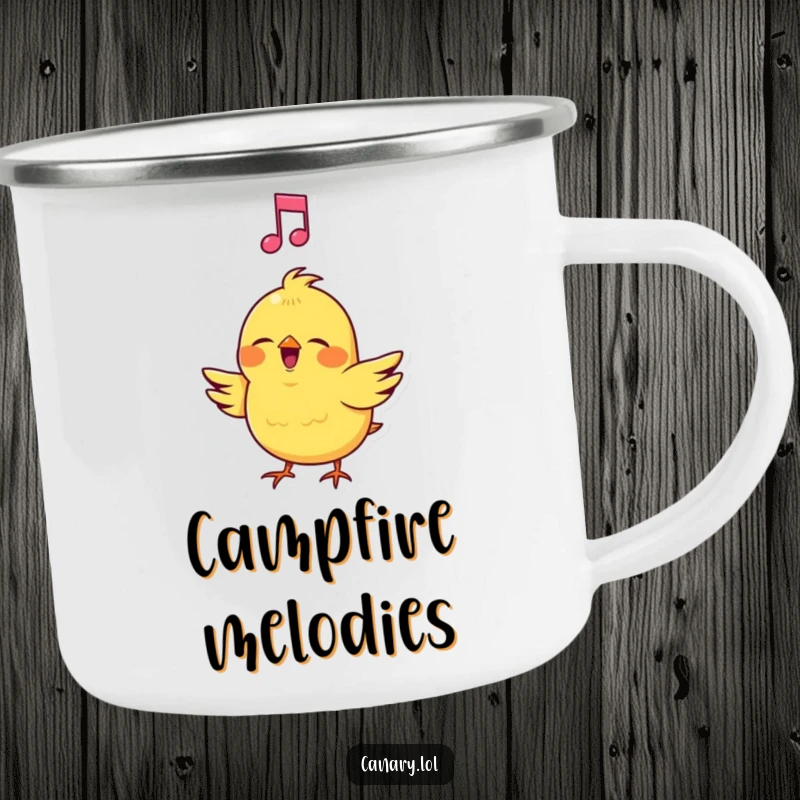 Funny Canary Camping Mug: Sturdy mug featuring a cheerful bird singing loudly with a musical note, ideal for outdoor music lovers.