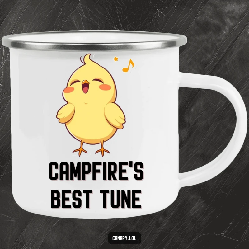 Funny canary bird camping mug, singing with eyes closed and head tilted back, ideal for enjoying drinks outdoors humorously.