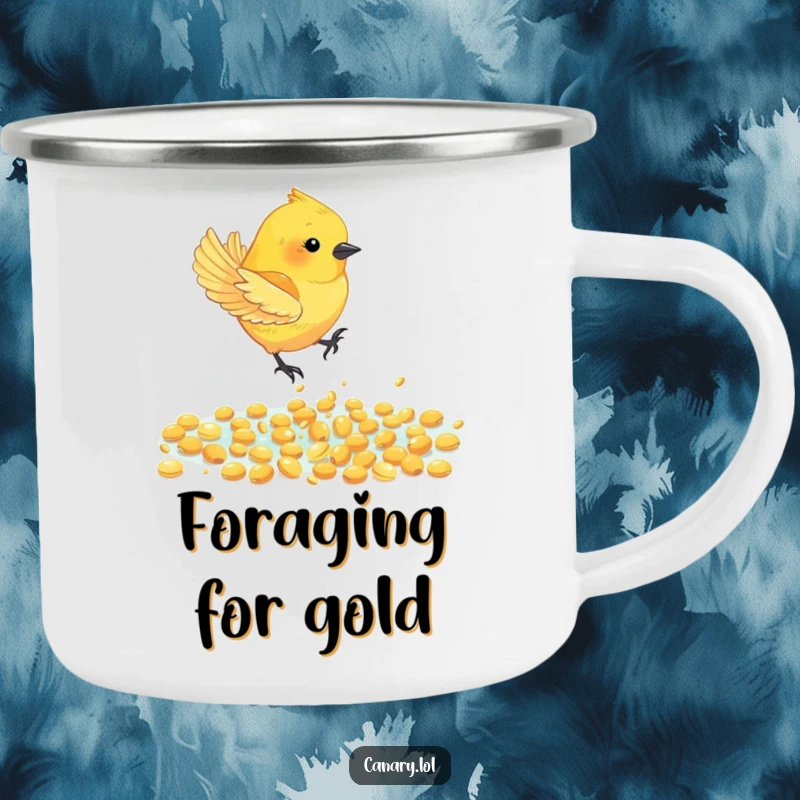 Funny Canary Bird Camping Mug: A canary bird dives into golden seeds, a symbol of joyful abundance and outdoor fun.