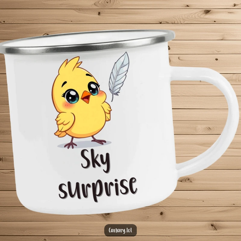 Funny astonished canary bird camping mug, wide eyes, watching a floating feather. A durable and humorous mug for campers.