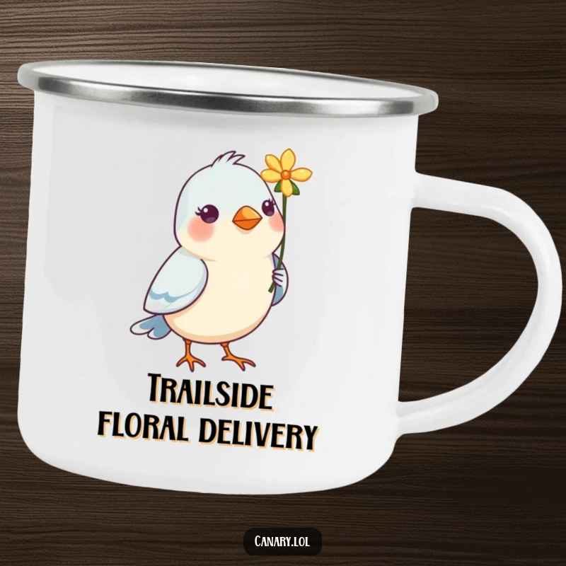 Funny Bird Camp Mug: A durable mug showing a bird with a flower, ideal for enjoying drinks outdoors with a sweet touch.