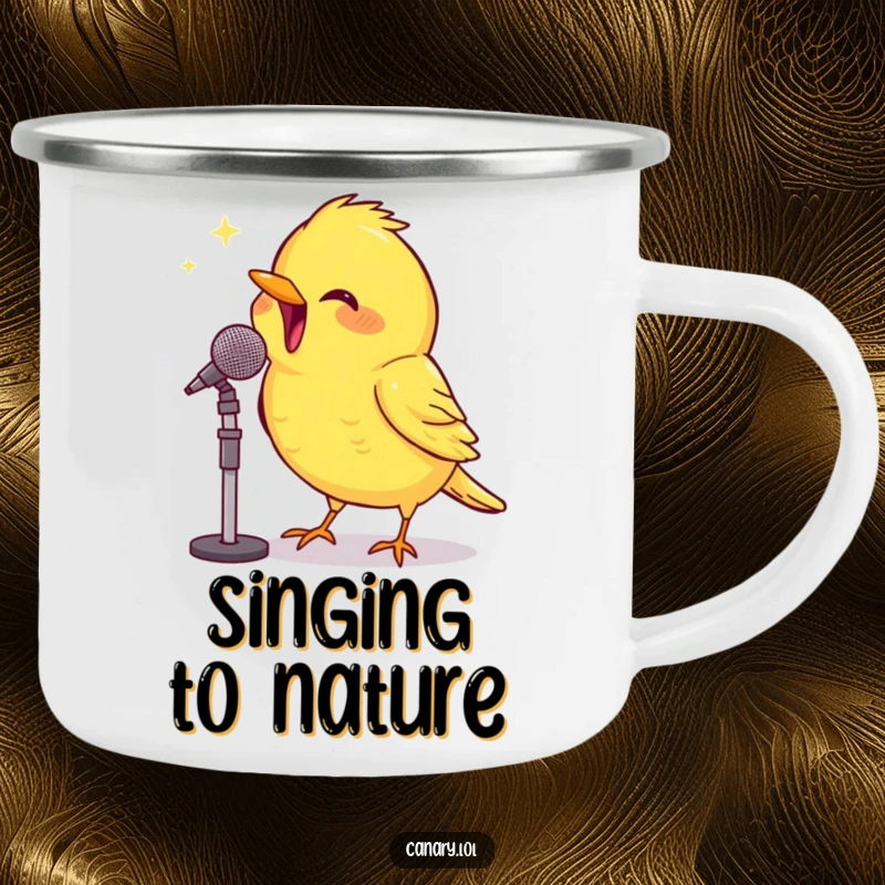 Funny Camping Mug: A beaming canary sings with joy into a tiny microphone, perfect for outdoor adventures and musical moments.