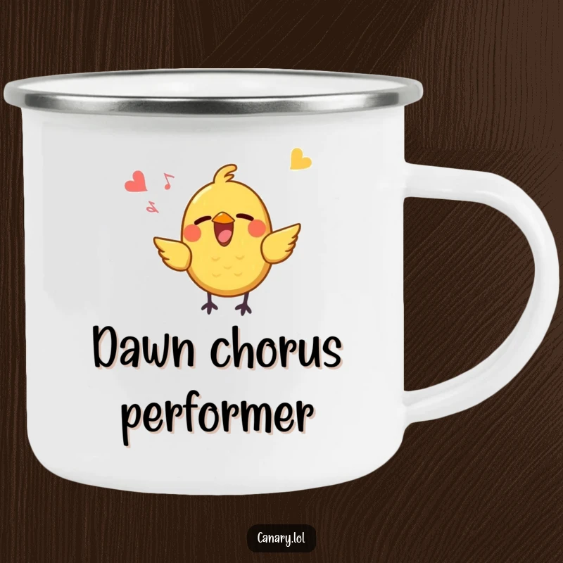 Funny Camping Mug showing a small, yellow bird with a large, open beak singing joyfully, perfect for enjoying drinks on outdoor adventures with a cheerful, humorous touch.