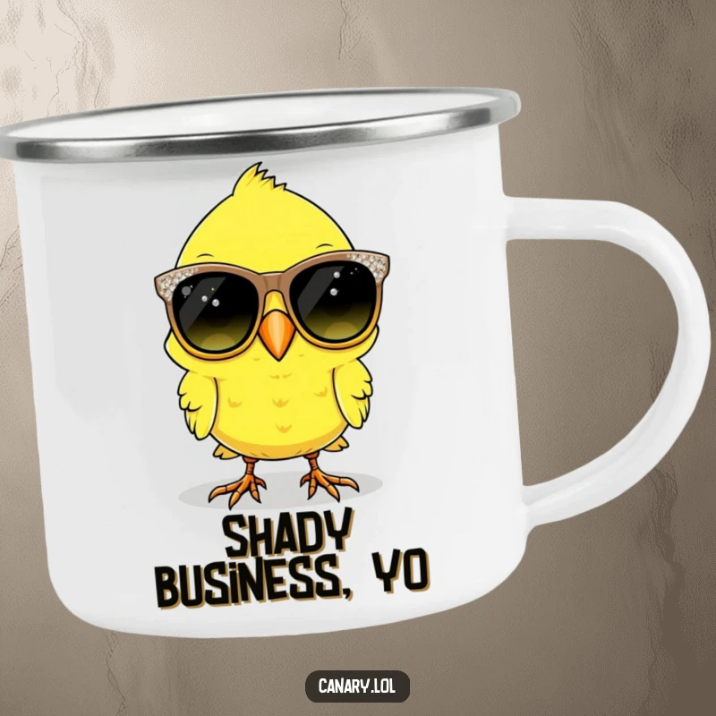 Funny canary bird camping mug with oversized, sparkly sunglasses, ideal for outdoor adventures and coffee.