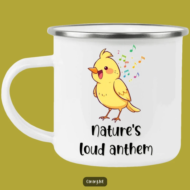 Funny Canary Camping Mug: Musical Notes Enamel, Perfect Outdoor & Humorous Gift