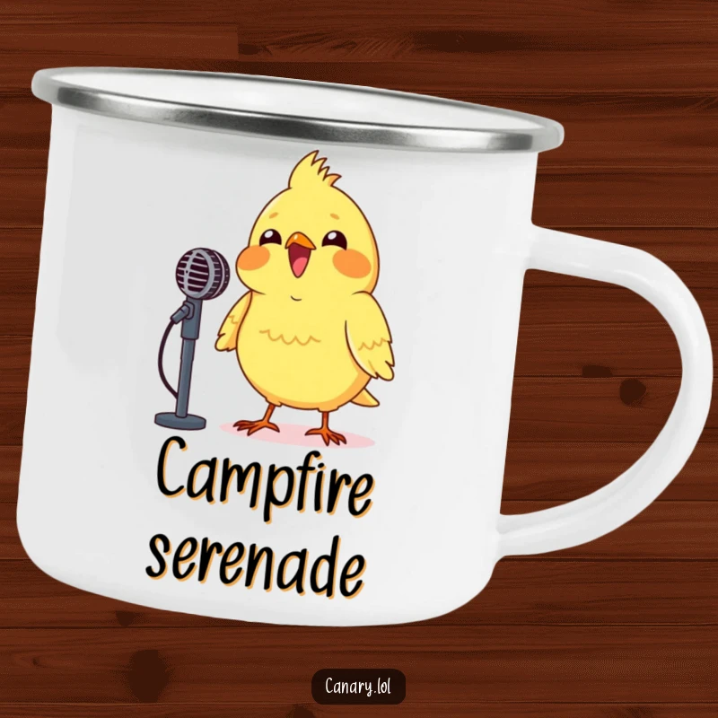 Funny Canary Microphone Camping Mug shows a happy canary singing into a mic, perfect for outdoor performances.