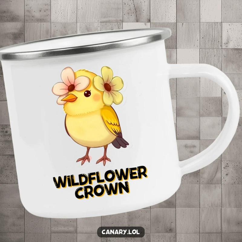 Funny small canary bird camping mug, comically wearing a flower as a hat. Durable and humorous mug for outdoor enthusiasts.