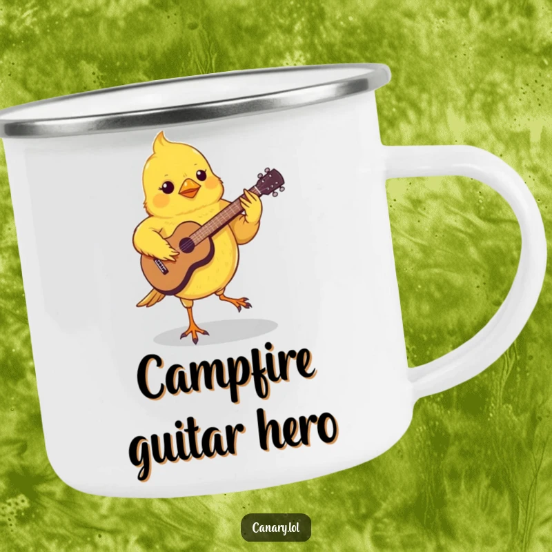 Funny Canary Guitar Camping Mug shows a small canary playing a tiny guitar with its feet, perfect for outdoor music.