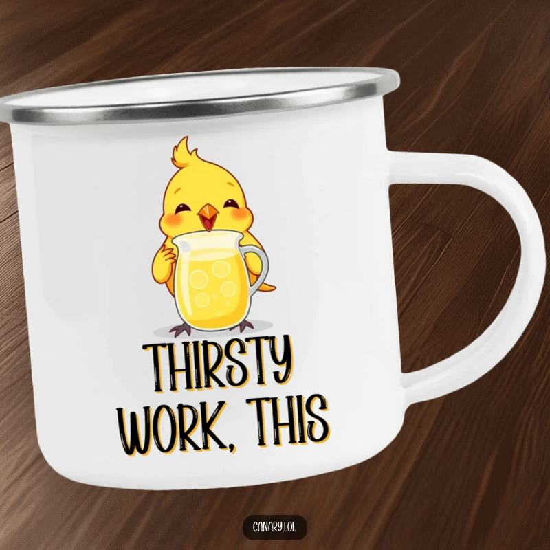 Funny canary bird camping mug, enthusiastically chugging from a tiny lemonade pitcher, for outdoor enjoyment.