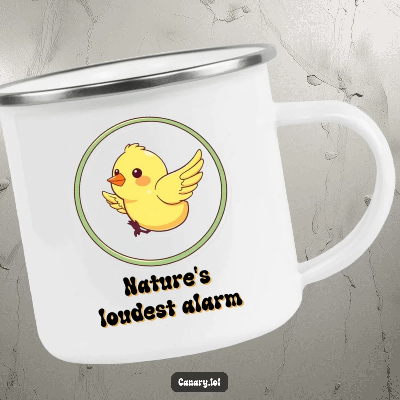 Funny camping mug featuring a jubilant canary performing a loop-the-loop, perfect for enjoying hot beverages during outdoor adventures with a smile.