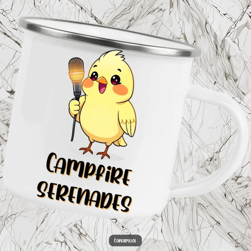 Funny camping mug with a canary bird holding a glowing microphone, perfect for enjoying drinks outdoors.