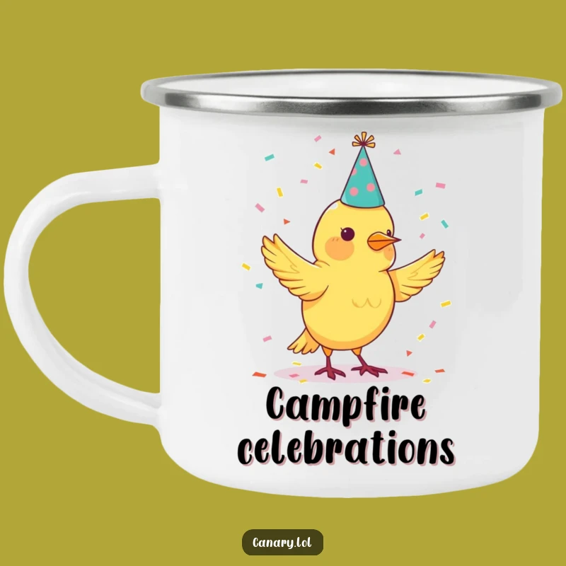 Funny Canary Party Hat Camping Mug - Festive Outdoor Gift!