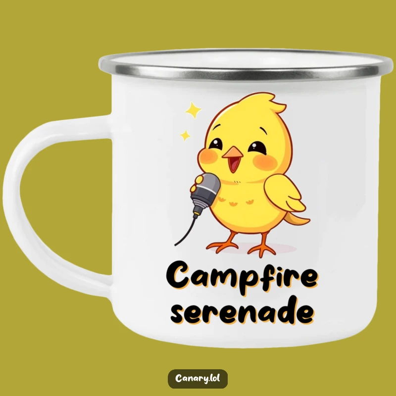 Funny Canary Rockstar Enamel Mug: Campfire Concerts with Humorous Bird Song